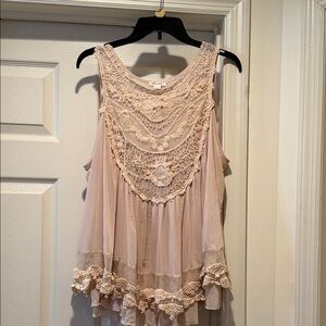 Elegant Lace Crochet Babydoll Fairycore Sheer Blush Boho Prairie Flowy Top Large